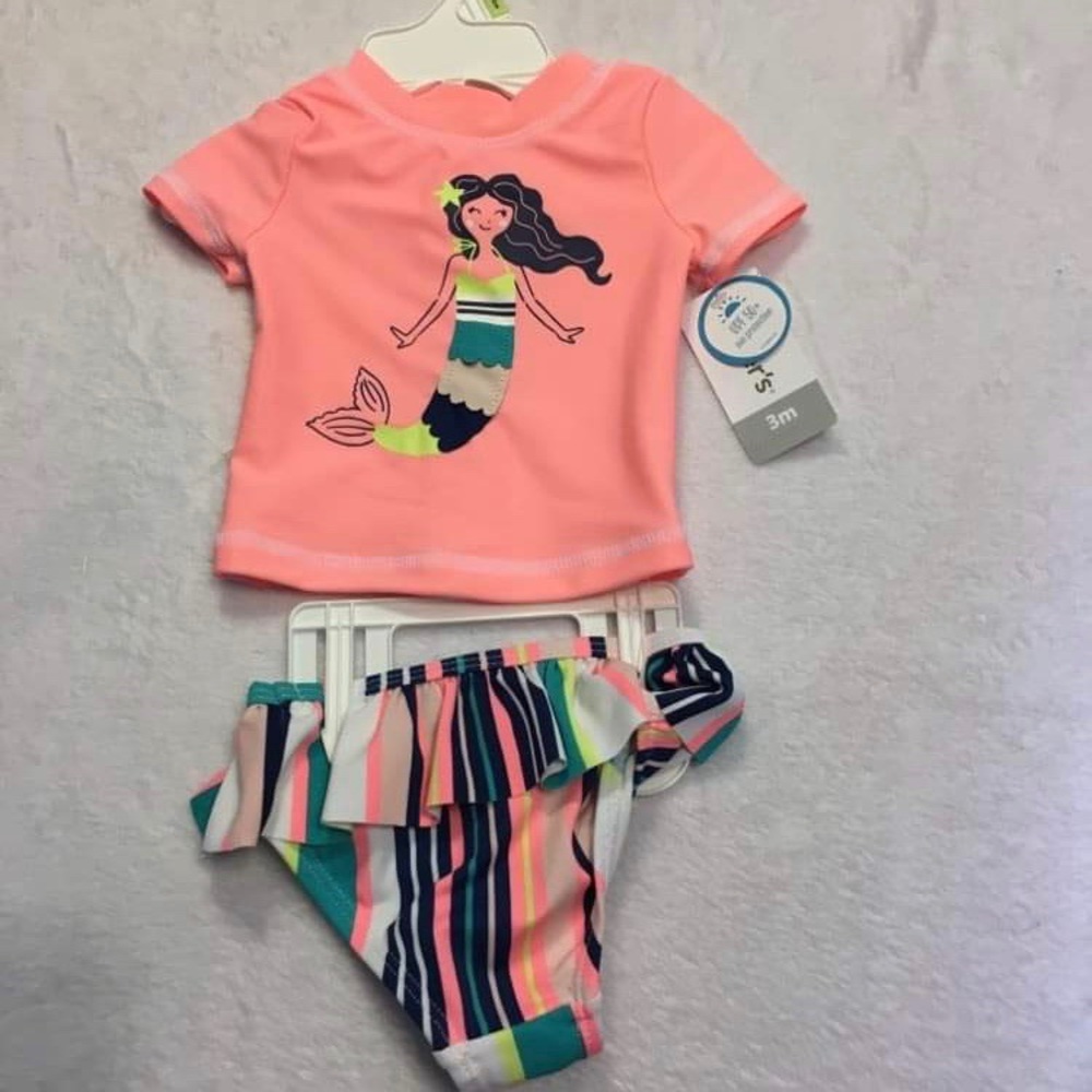 Carter's Rash Guard‎ Set Baby 3M Coral New Mermaid Striped Ruffle UPF 50+